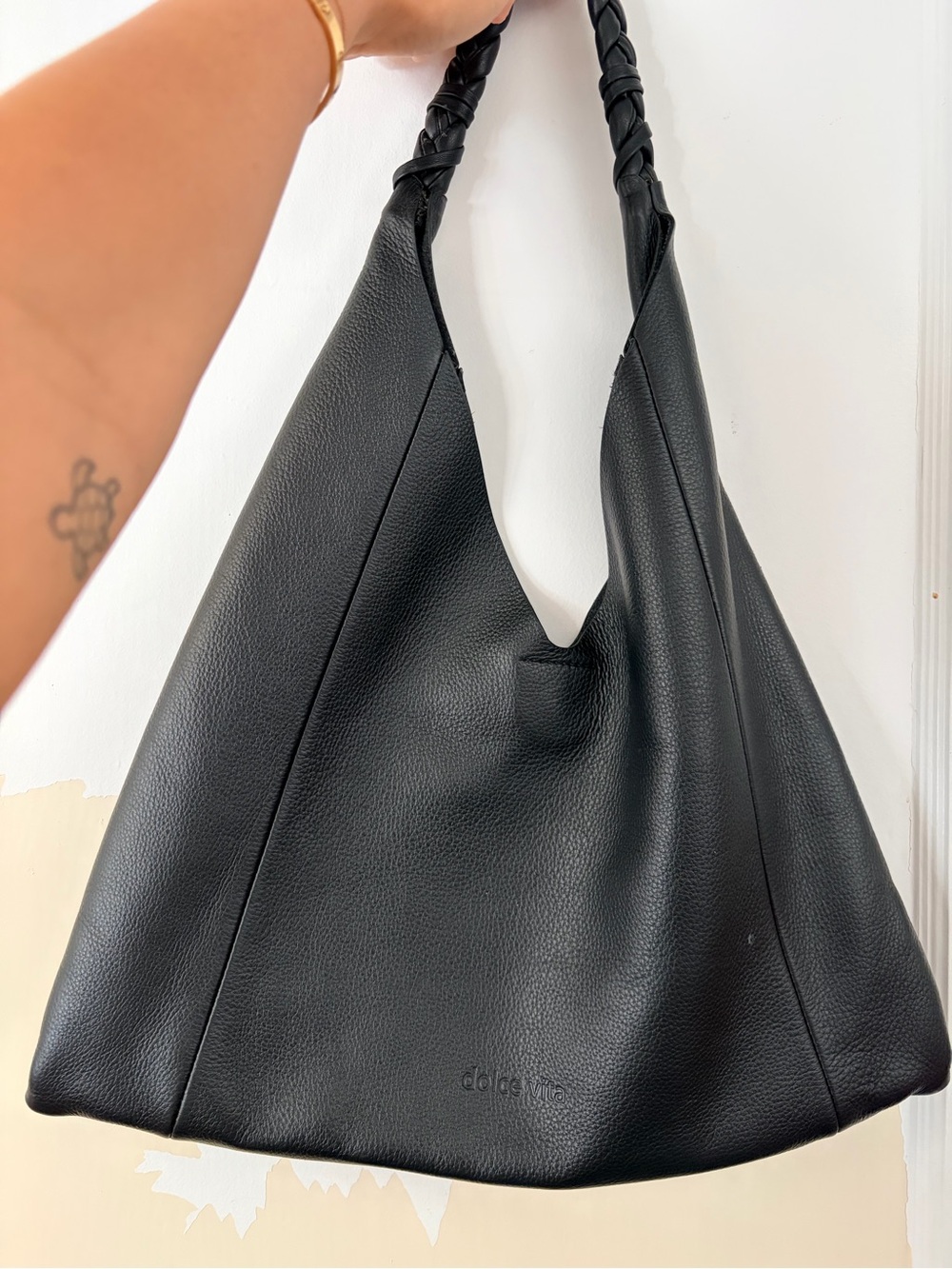 Black Leather Hobo Bag with Braided Handle